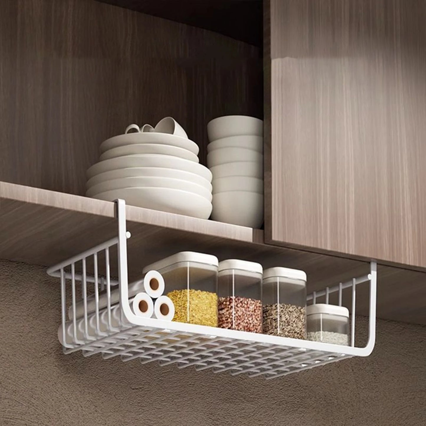 1pc White/Black Hanging Net Basket Iron Material Large Capacity Hanging Under Cabinet Wall Wardrobe Storage Basket Kitchen Tools
