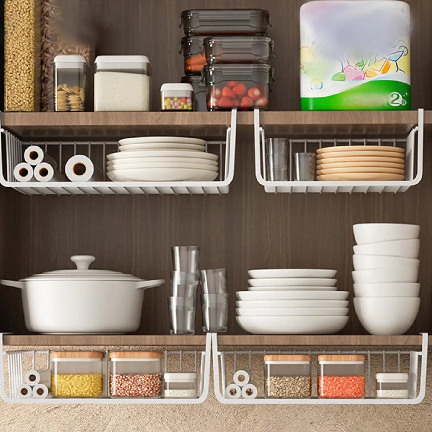 1pc White/Black Hanging Net Basket Iron Material Large Capacity Hanging Under Cabinet Wall Wardrobe Storage Basket Kitchen Tools
