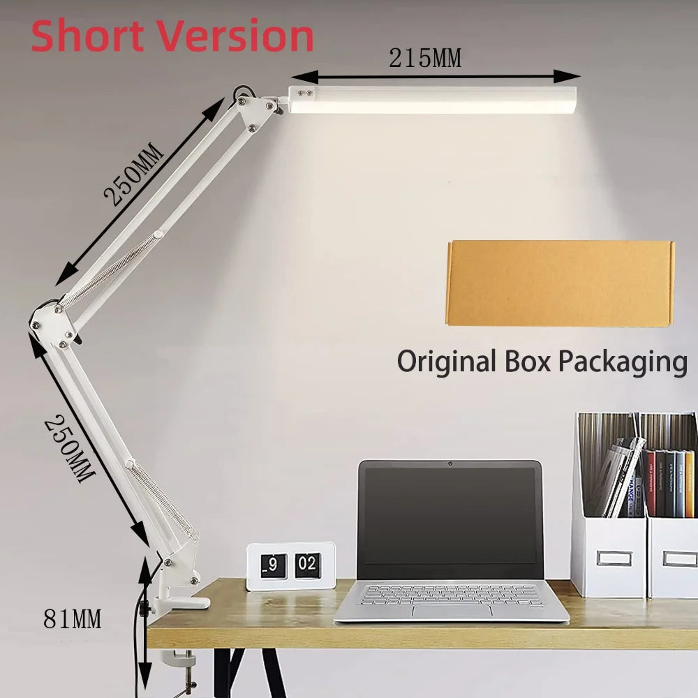 LED Desk Lamp Long Arm Foldable Clamp Adjustable Eye Caring Light with 3 Color Modes Dimmable for Reading Study and Office Work