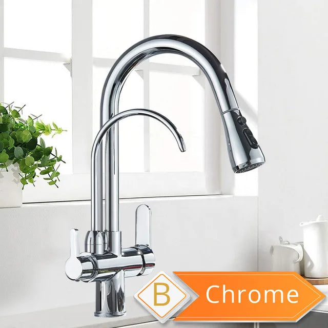 Purification Water Kitchen Faucet Black 360° Rotating Filter Water Faucets Pull Out Sprayer 3 Ways Hot Cold Water Mixer Tap