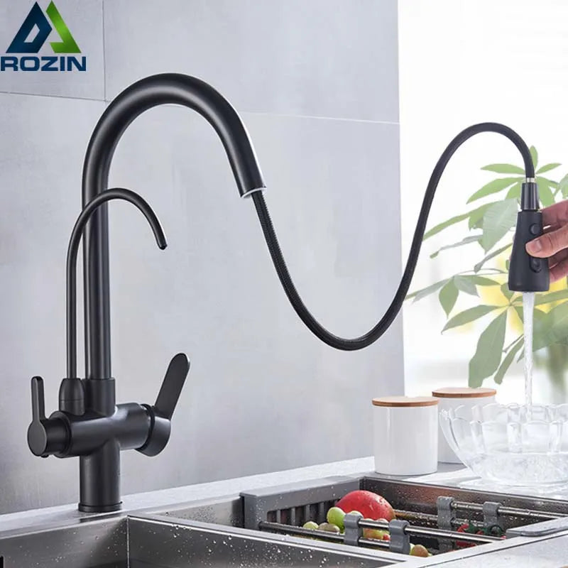 Purification Water Kitchen Faucet Black 360° Rotating Filter Water Faucets Pull Out Sprayer 3 Ways Hot Cold Water Mixer Tap