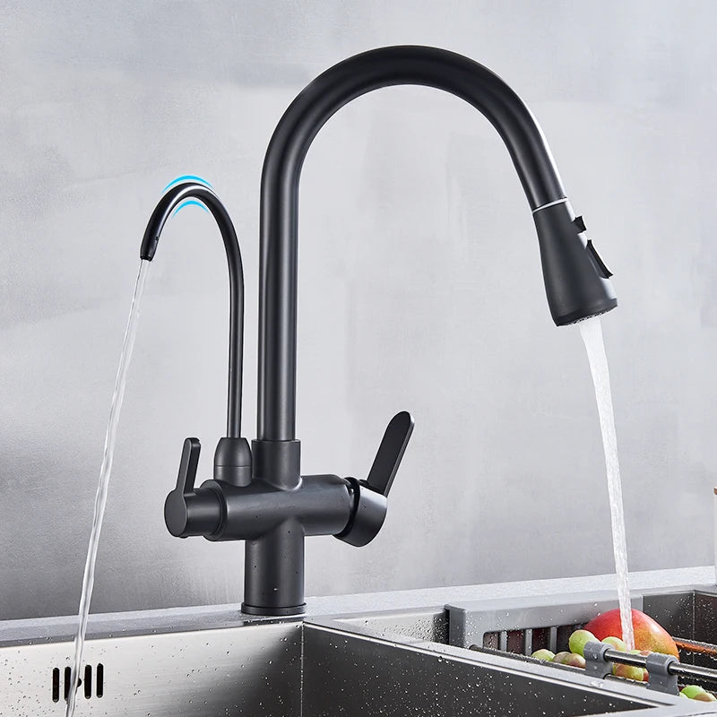 Purification Water Kitchen Faucet Black 360° Rotating Filter Water Faucets Pull Out Sprayer 3 Ways Hot Cold Water Mixer Tap