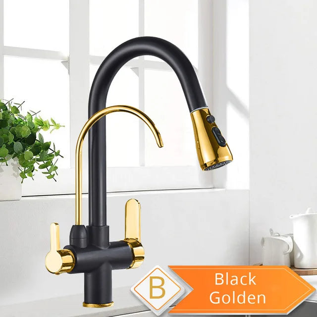 Purification Water Kitchen Faucet Black 360° Rotating Filter Water Faucets Pull Out Sprayer 3 Ways Hot Cold Water Mixer Tap