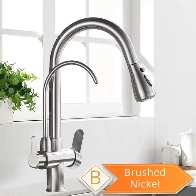 Purification Water Kitchen Faucet Black 360° Rotating Filter Water Faucets Pull Out Sprayer 3 Ways Hot Cold Water Mixer Tap