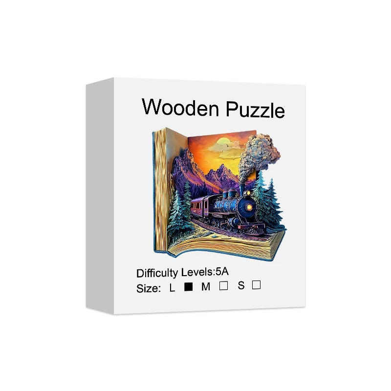 Wooden Puzzle for Adults -The train in the book Puzzle, Unique Shape Wooden Jigsaw Puzzles, Modern Art Home Decor