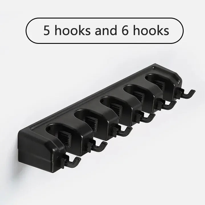 Wall Mounted Mop Holder Broom Hanger 3/4/5 Position Multi-Functional Black Magic Plastic Storage Rack for Home Kitchen Bathroom
