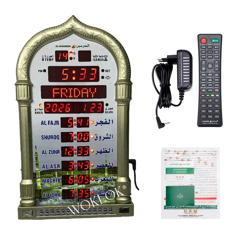 12V Azan Mosque Calendar Muslim Prayer Wall Clock Alarm Islamic Mosque Azan Calendar Ramadan Home Decor with Remote Control