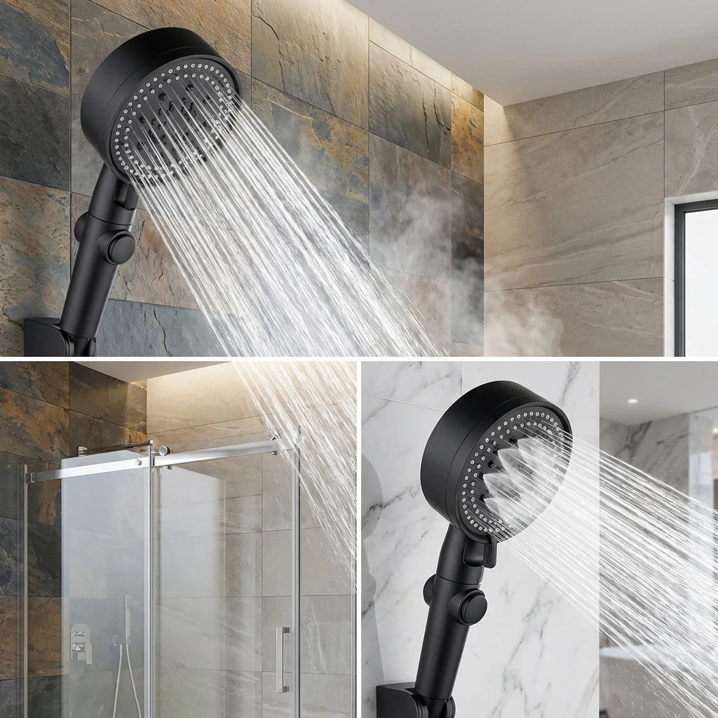 Adjustable High Pressure Shower Head with 5 Modes Water Saving One-Key Stop Spray Nozzle - Bathroom Shower Accessories with Hose