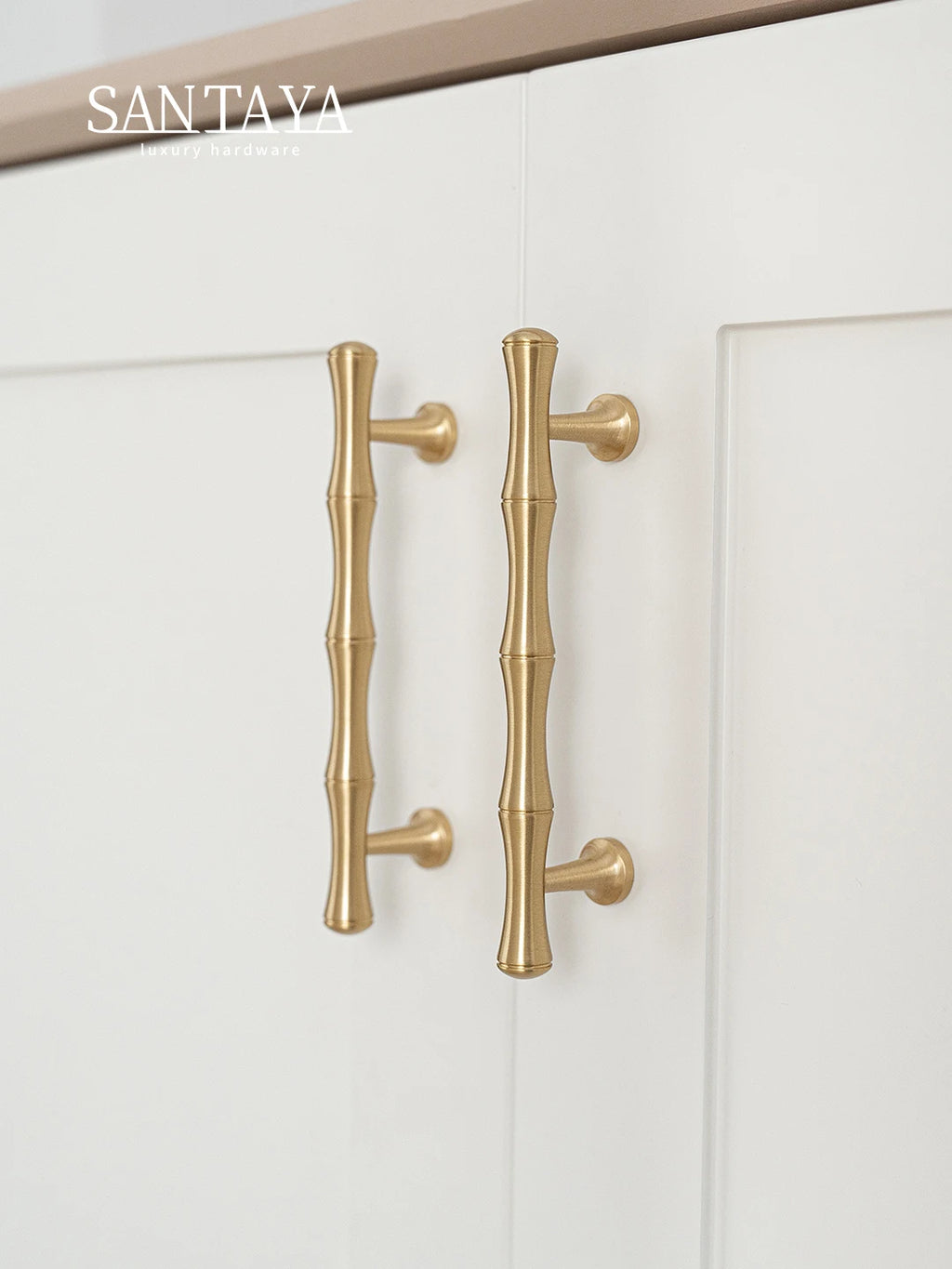 Santaya Solid Brushed Brass Handle Bamboo Kitchen Cabinet Pull Wardrobe Drawer Knob
