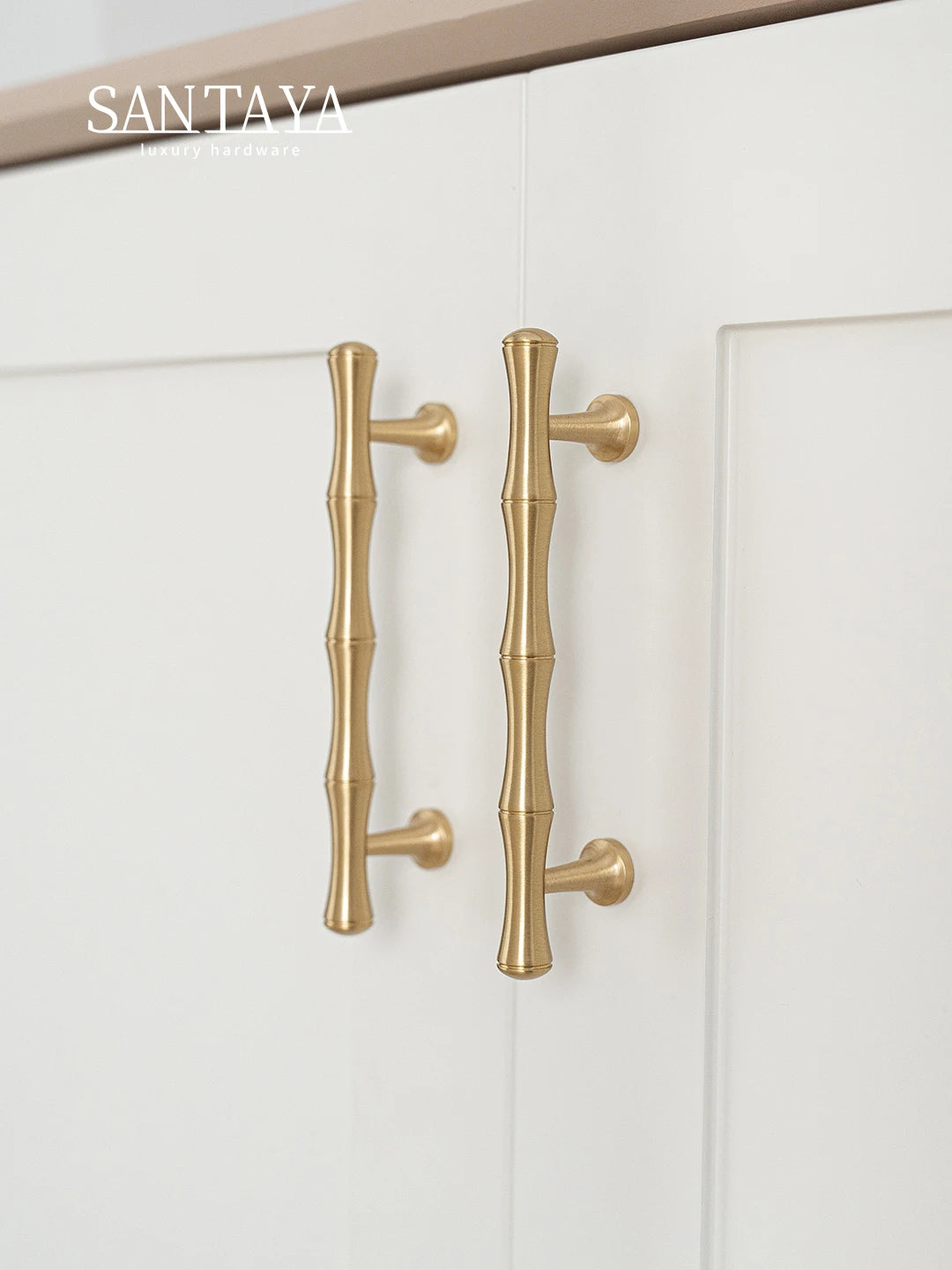 Santaya Solid Brushed Brass Handle Bamboo Kitchen Cabinet Pull Wardrobe Drawer Knob