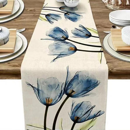 1pc Blue&Orange Tulip Linen Table Rustic Farmhouse Style Table Runner 13 x 72Inch, Kitchen Dining Table Decoration