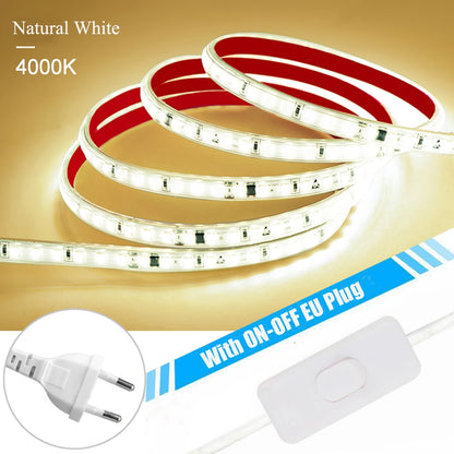 120LED/m LED Strip Light 220v Flexible&10cm Cuttable Soft Lamp Bar 2835 Tape Adhesive EU Plug Vanity Cabinet Wardrobe Home Decor