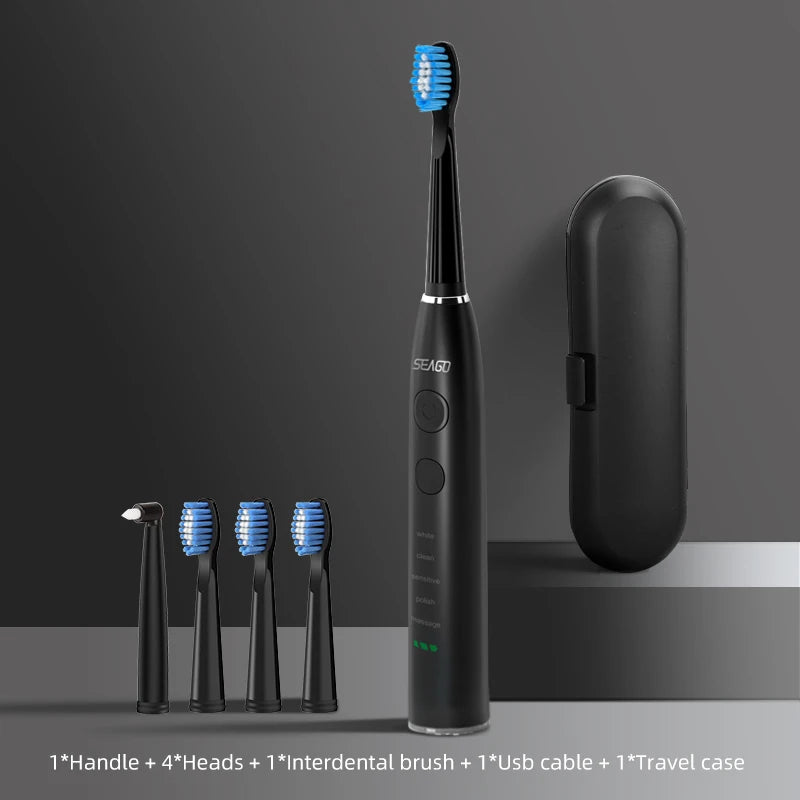 Seago Electric Toothbrush USB Rechargeable Adult 360 Days Long Battery Life IPX7 4 Replacement Heads Travel Box  SG-575