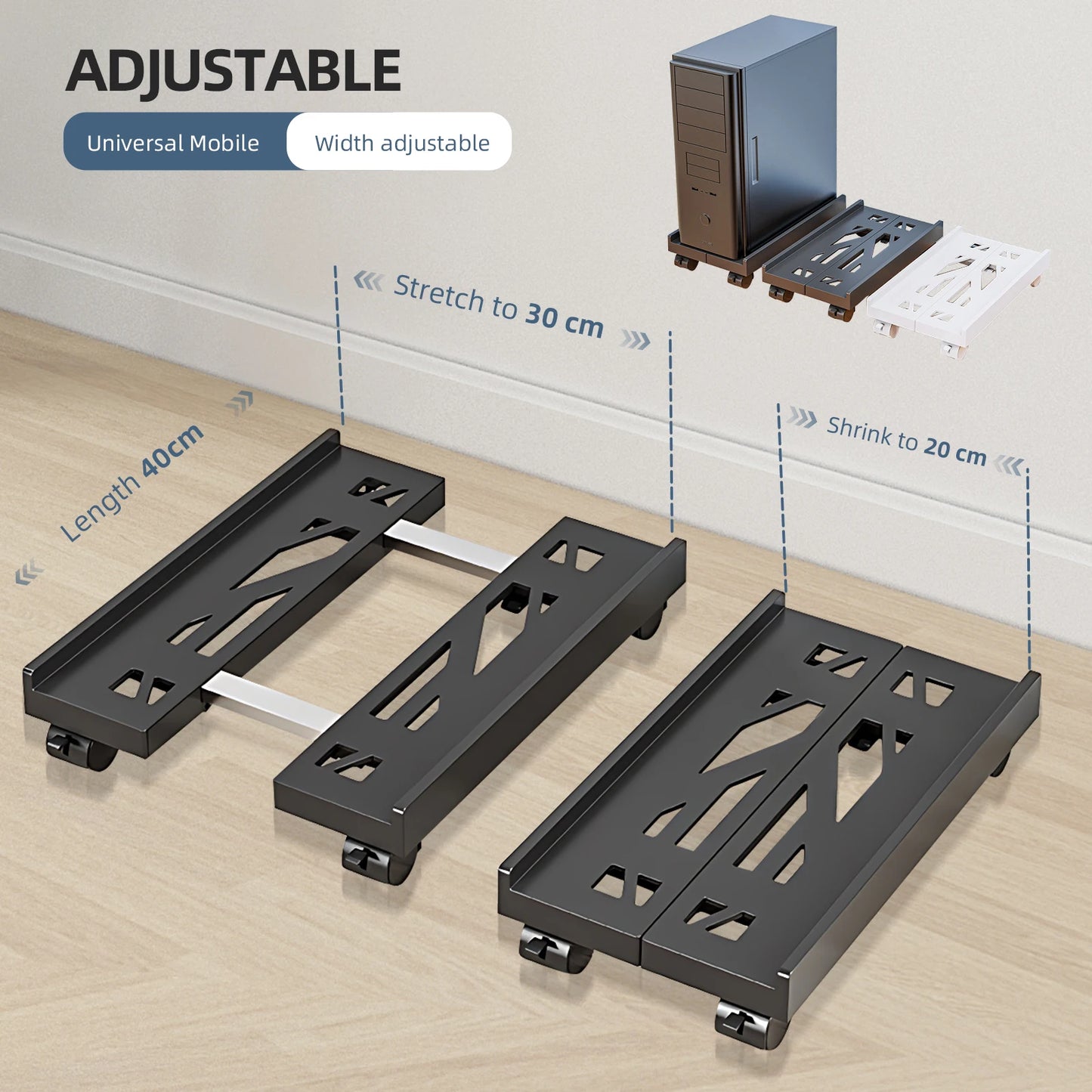 Adjustable Mobile PC Tower Stand with Wheels under Desk CPU Holder Adjustable Stable Mobile Computer Host Stand for Home Office