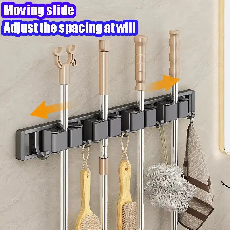 Wall Mounted Mop & Broom Organizer Rack with 5 Hooks Strong Mop Holder Self Adhesive for Kitchen Bathroom Cleaning Tools Storage