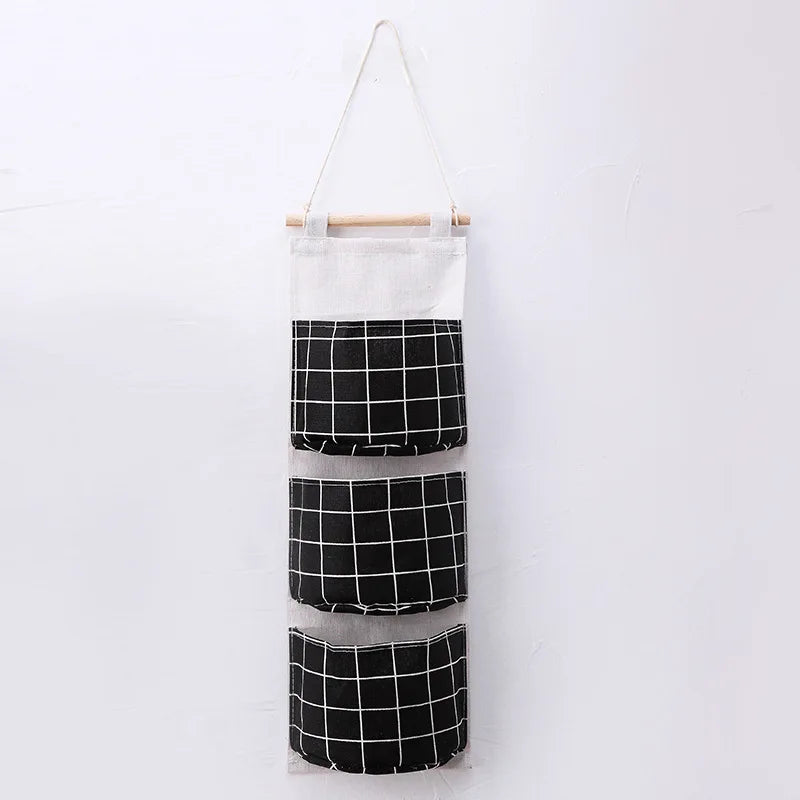 1PC Three Pockets Hanging Wall Storage Bag Household Bedroom Living Room Kitchen Cotton Linen Storage Bag