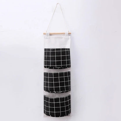 1PC Three Pockets Hanging Wall Storage Bag Household Bedroom Living Room Kitchen Cotton Linen Storage Bag