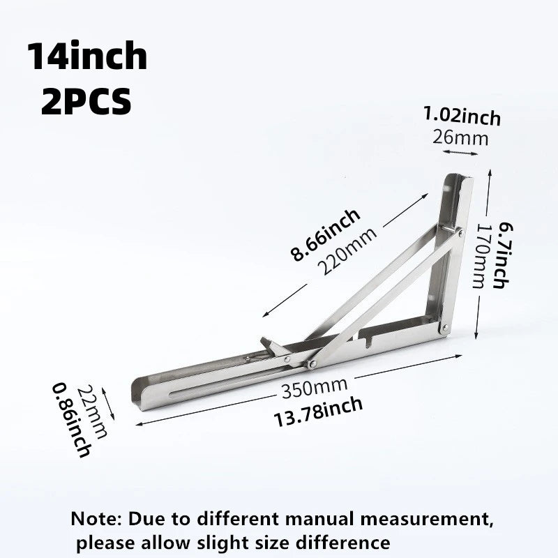 2Pcs Triangle Folding Angle Shelf Bracket Heavy Duty Stainless Steel Collapsible Shelf Bracket for Table Work Bench Wall Mounted