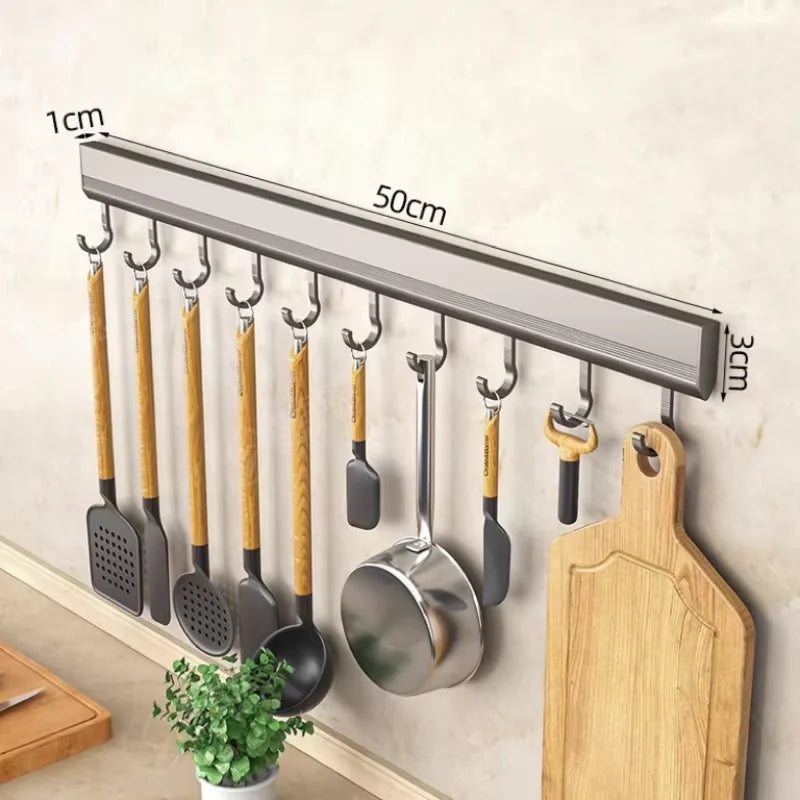 Kitchen HookRack - Wall-Mounted Without Drilling - Space Aluminum Multi-Functional Storage Hooks