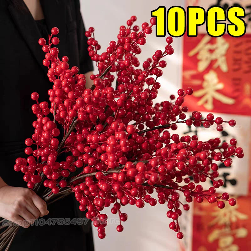 Red Berry Branches Simulation Bouquet Christmas Festival Artificial Decoration Vase Home Decor Yule Wedding Party Fake Flowers