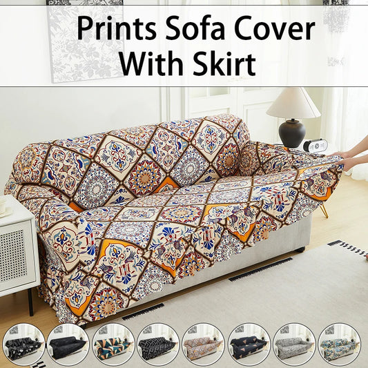 1 PC Printed sofa cover with skirt high elasticity soft hand feel pet stain resistant decorative sofa