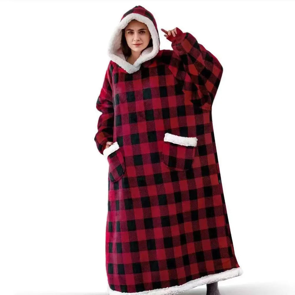 150/180cm Winter Thick Blanket Extra Plush Hoodie Lengthened Large Pocket Imitation Cashmere Home Coat Fleece TV Blanket 1pc