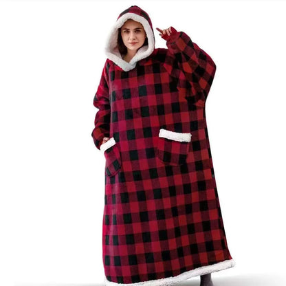 150/180cm Winter Thick Blanket Extra Plush Hoodie Lengthened Large Pocket Imitation Cashmere Home Coat Fleece TV Blanket 1pc