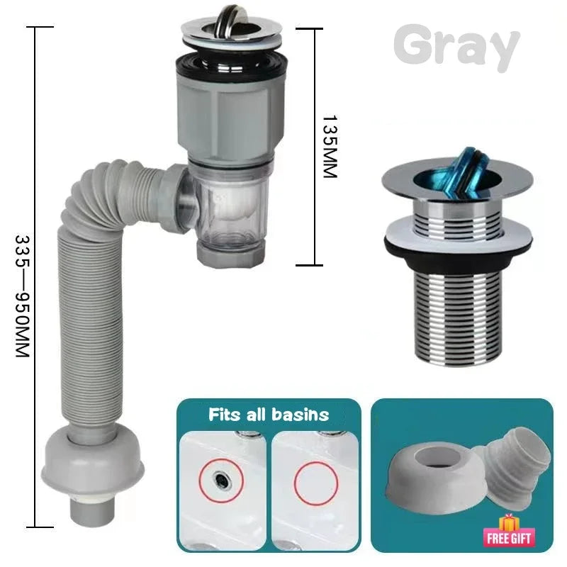 Flip Top Anti-Odor Drain Pipe Set Kitchen Sink Drain Retractable Deodorizing Filter Flexible Downspout Bathroom Anti Clogging