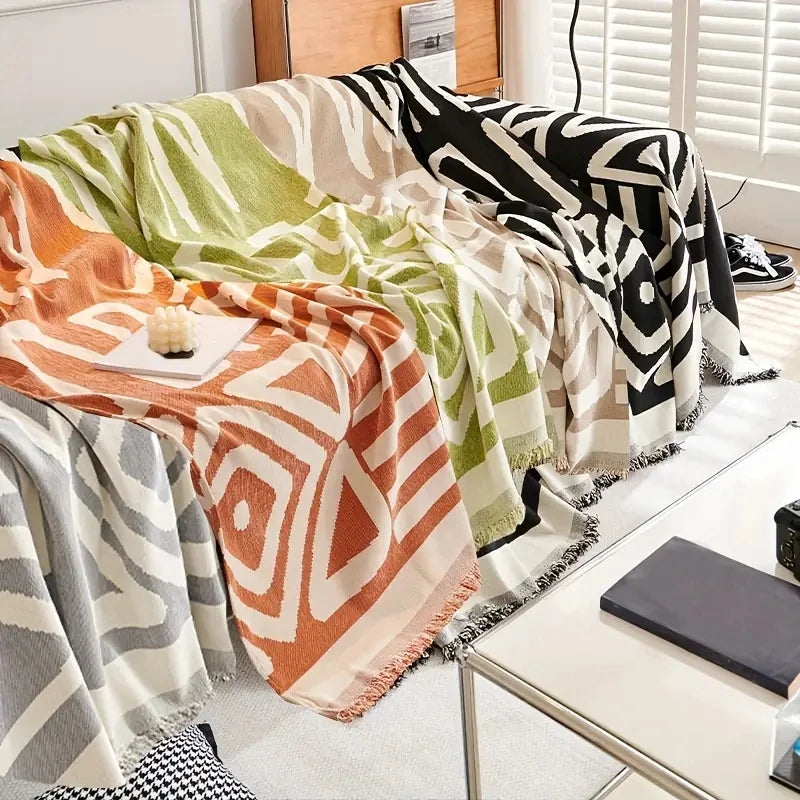 Boho Style Chenille Sofa Towel with Tassels, Double-side, for Living Room Camping Picnic Large Blanket Leisure Relax Beach Towel