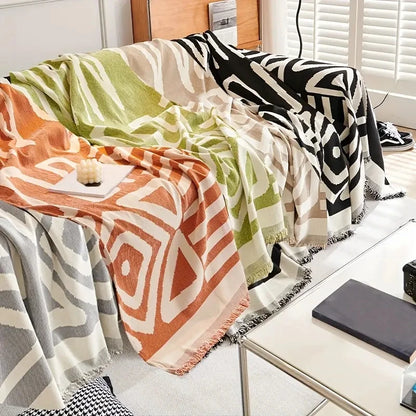 Boho Style Chenille Sofa Towel with Tassels, Double-side, for Living Room Camping Picnic Large Blanket Leisure Relax Beach Towel