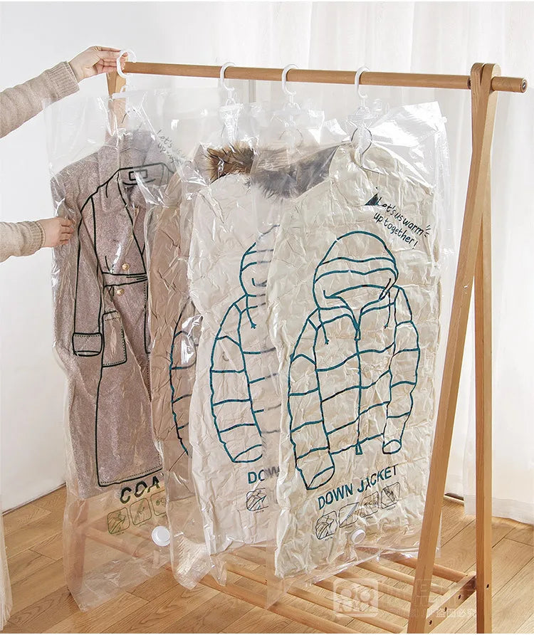 Hangable Transparent Vacuum Storage Bags Compressed Wardrobe Storage Organizer Bag For Clothing Coat Down Jackets Dust Cover