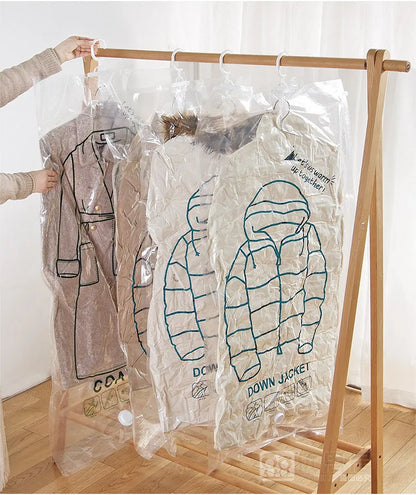 Hangable Transparent Vacuum Storage Bags Compressed Wardrobe Storage Organizer Bag For Clothing Coat Down Jackets Dust Cover