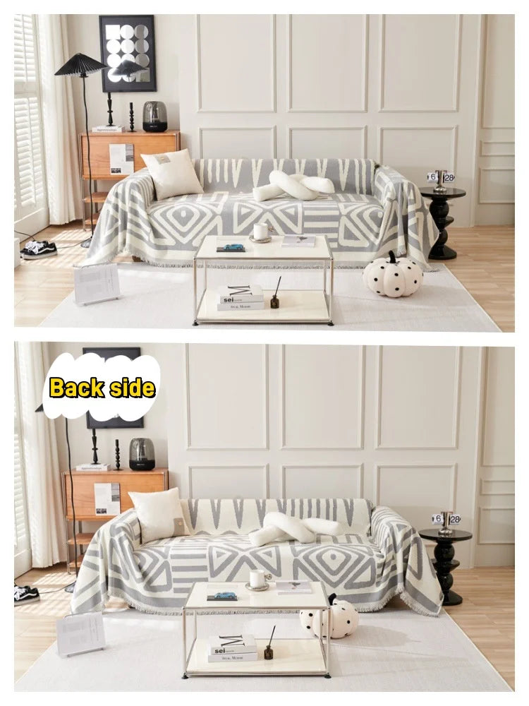 Boho Style Chenille Sofa Towel with Tassels, Double-side, for Living Room Camping Picnic Large Blanket Leisure Relax Beach Towel