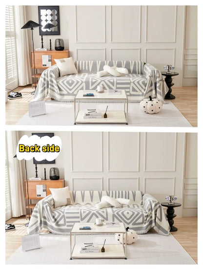 Boho Style Chenille Sofa Towel with Tassels, Double-side, for Living Room Camping Picnic Large Blanket Leisure Relax Beach Towel