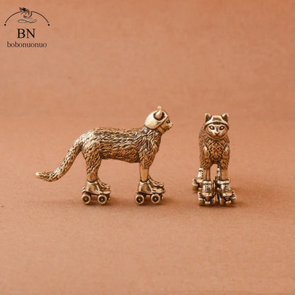 Copper Ski cat Small Ornaments Solid Brass Antique Animal Sculpture Crafts Desk Tea Table Decoration Home Decor for Living Room