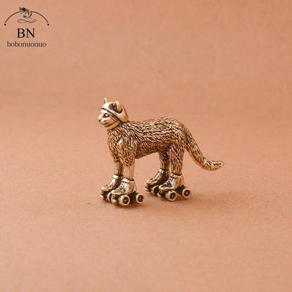 Copper Ski cat Small Ornaments Solid Brass Antique Animal Sculpture Crafts Desk Tea Table Decoration Home Decor for Living Room