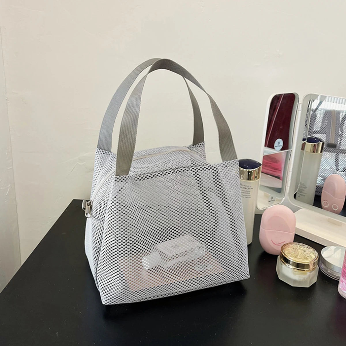 Large Capacity Travel Mesh Bag with Handle Portable Cosmetic Zipper Pouch Makeup Toiletry Beach Bag - New Design