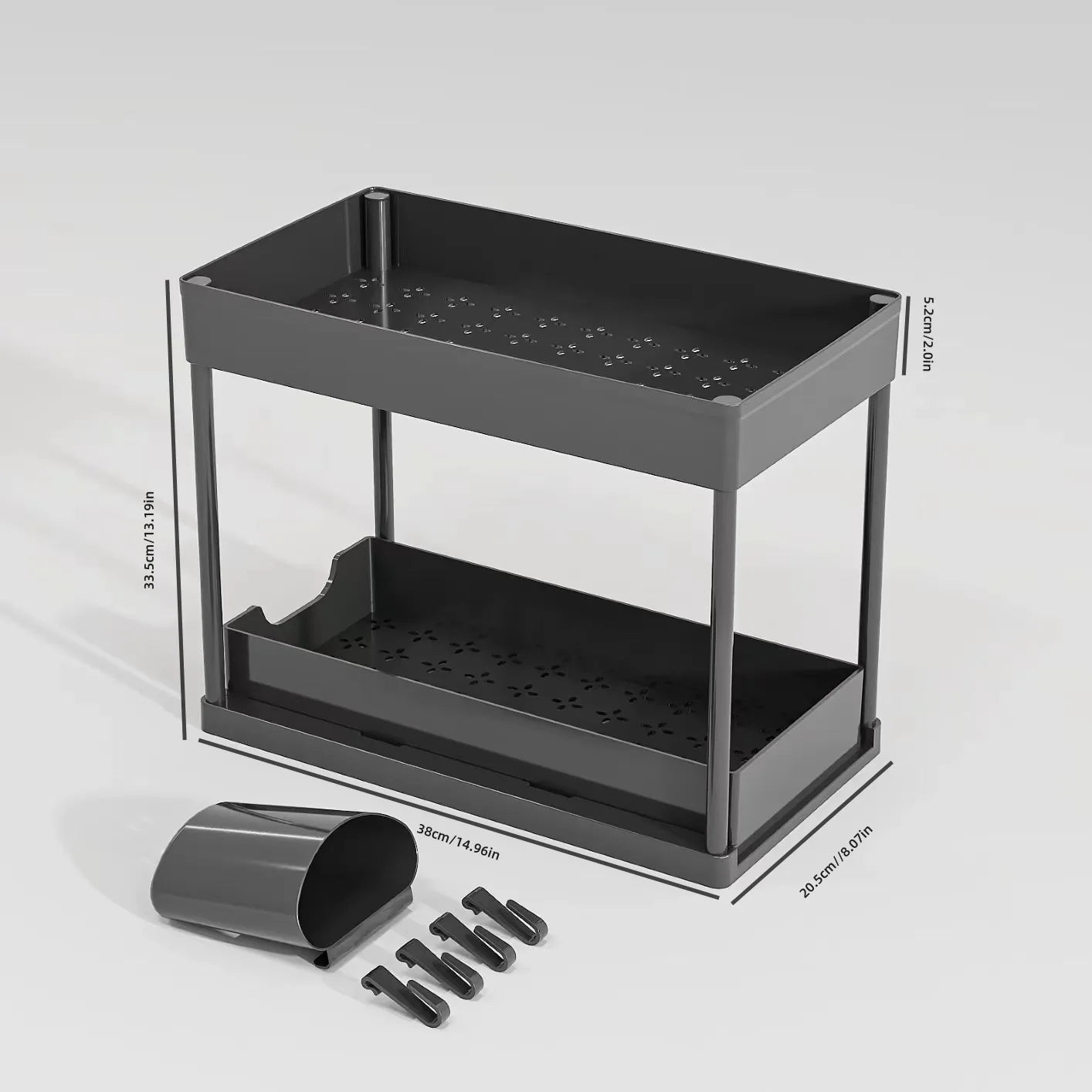 2-Tier Sliding Under Sink Organizer - Cabinet Basket Storage Rack with Hooks and Hanging Cup for Kitchen and Bathroom