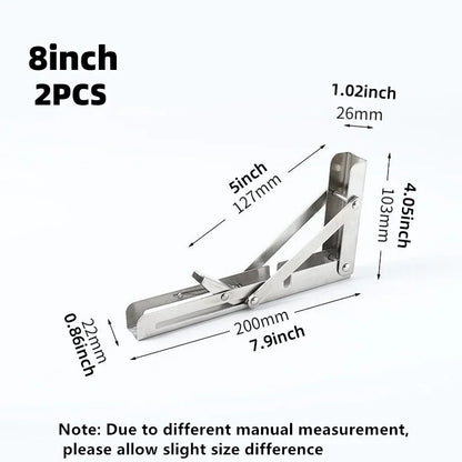 2PCS Heavy Duty Stainless Steel Triangle Folding Shelf Brackets – Wall Mounted Collapsible Angle Bracket for Table, Workbench
