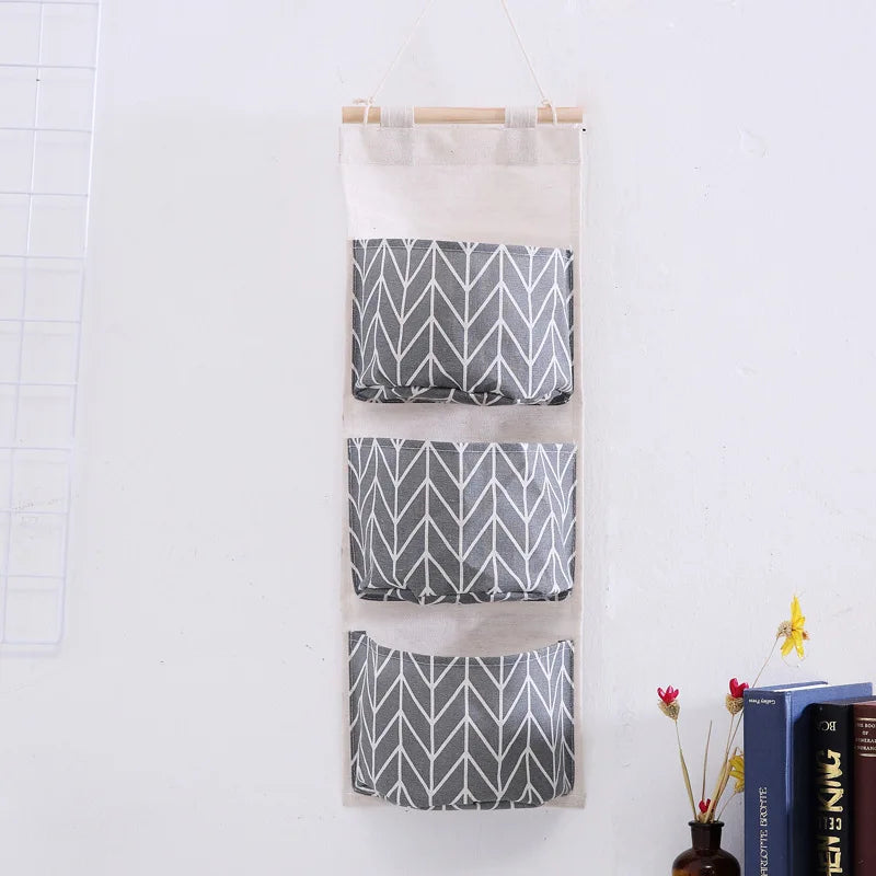 1PC Three Pockets Hanging Wall Storage Bag Household Bedroom Living Room Kitchen Cotton Linen Storage Bag