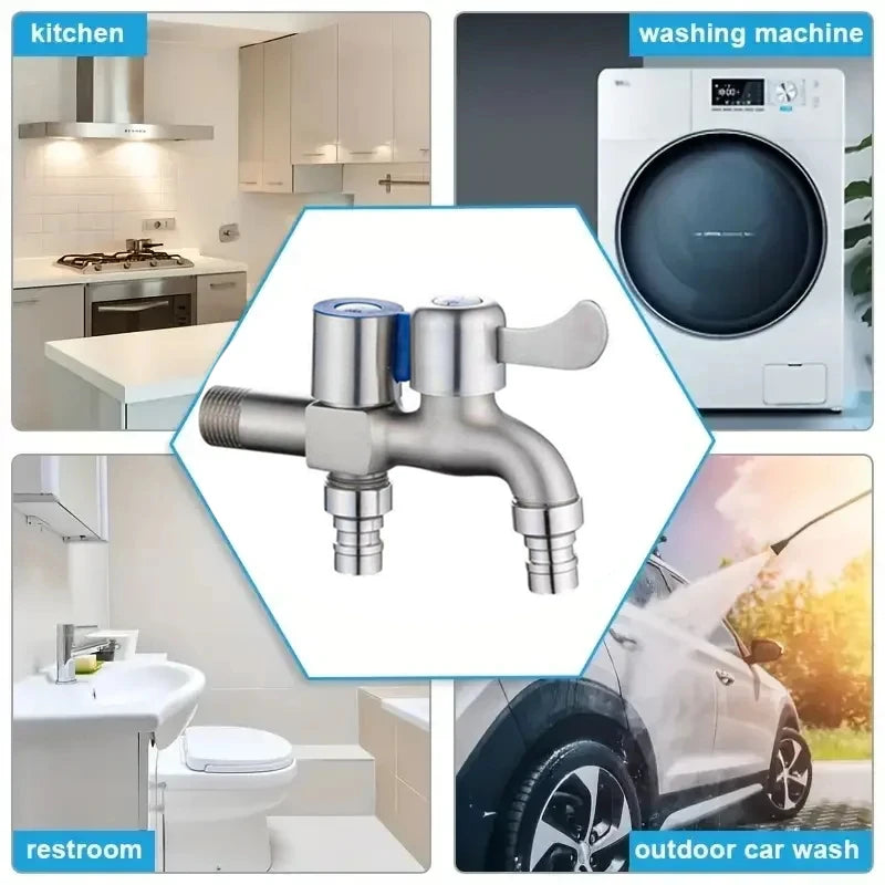 Stainless Steel Faucet Double Outlet Dual Control Water Tap One in Two Out Faucet 1/2" Bidet Faucets Bathroom Accessories