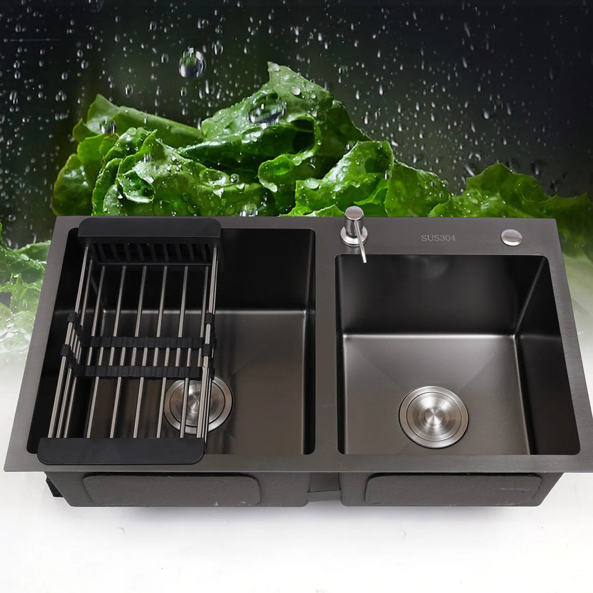 Stainless Steel Kitchen Sink Double Bowl Inset Basket W/Drainer + Soap Dispenser