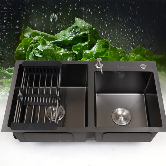 Stainless Steel Kitchen Sink Double Bowl Inset Basket W/Drainer + Soap Dispenser