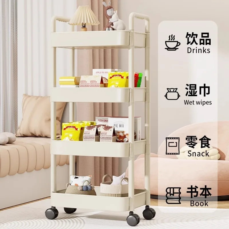 Trolley with Handlebar and Storage Rack, Floor-Standing, Multi-Layer Storage for Kitchen, Bathroom, Snacks, and Toiletries