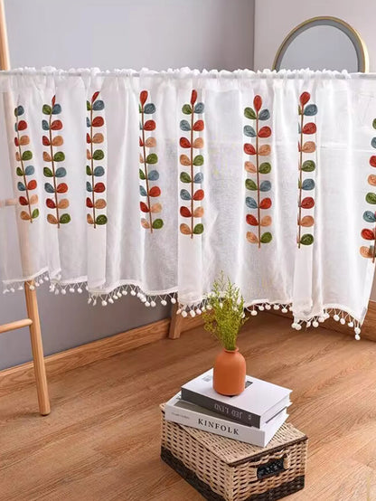 Four color branch Embroidered Semi Sheer Curtain Kitchen Tiers Half Window Sheer Curtains Rod Pocket Voile Drapes for Kitchen Ba