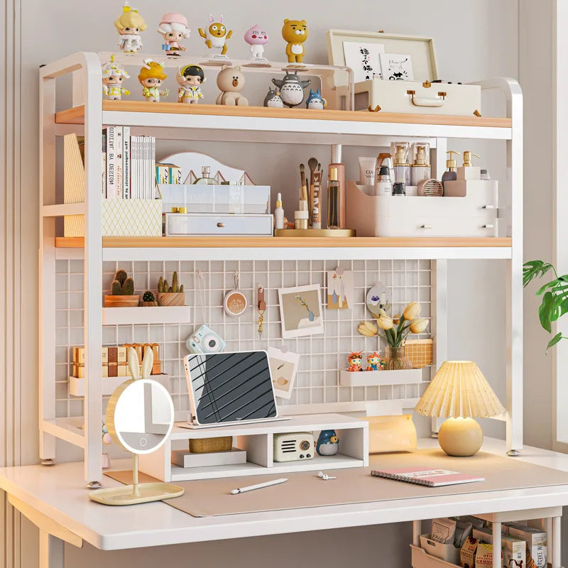 Bookcase Gaming Table Grid Bookshelf Desktop Multi-layer Wrought Iron Shelf Student Computer Desk Table  Wooden Shelves Rack