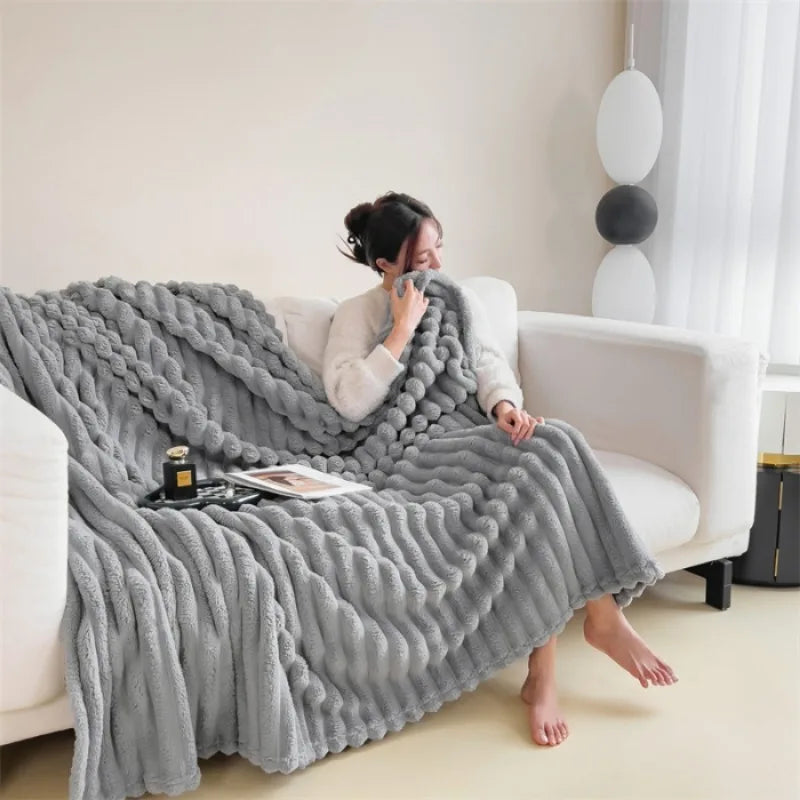 2025 New Rabbit Plush Blanket Draw Stripe Thickened Flannel Blanket Shawl Coral Fleece Sofa Blanket, without Pillowcase