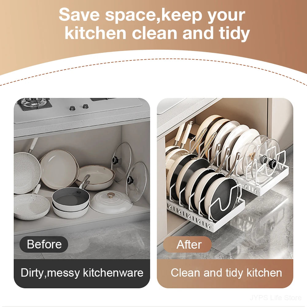 Pull out Pots and Pans Organizer Sliding Pot Lid Holder Kitchen Spice Rack Tableware Organizer Multifunctional Dish Drying Racks