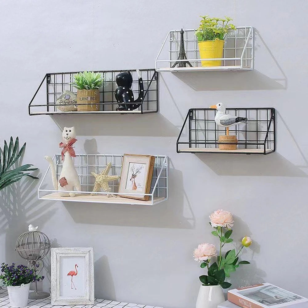 1pc Creative Wall Mounted Shelves, Bedroom Iron Wall Hanging Storage Shelves, Storage Baskets, Hanging Shelves, Home Furnishings