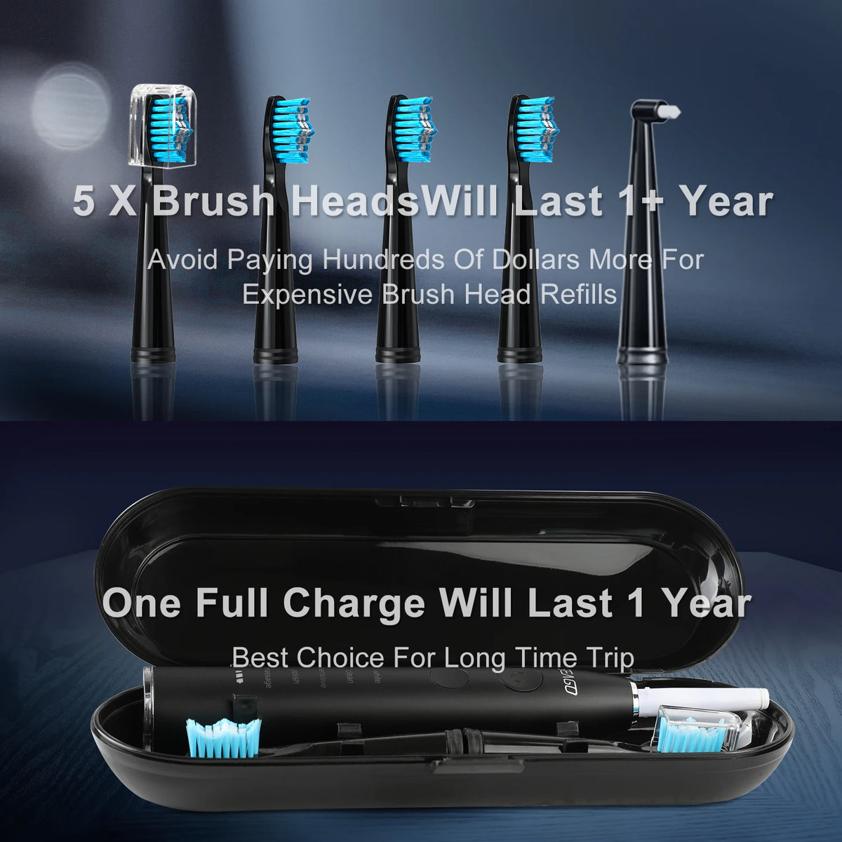 Seago Electric Toothbrush USB Rechargeable Adult 360 Days Long Battery Life IPX7 4 Replacement Heads Travel Box  SG-575